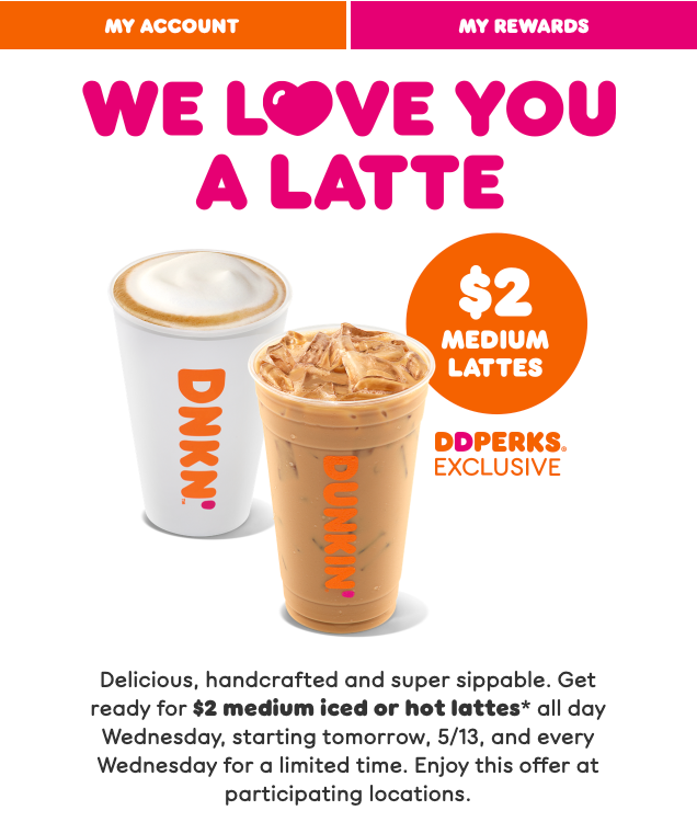 Screenshot of email from DD for $2 Medium Cappuccinos and Lattes
