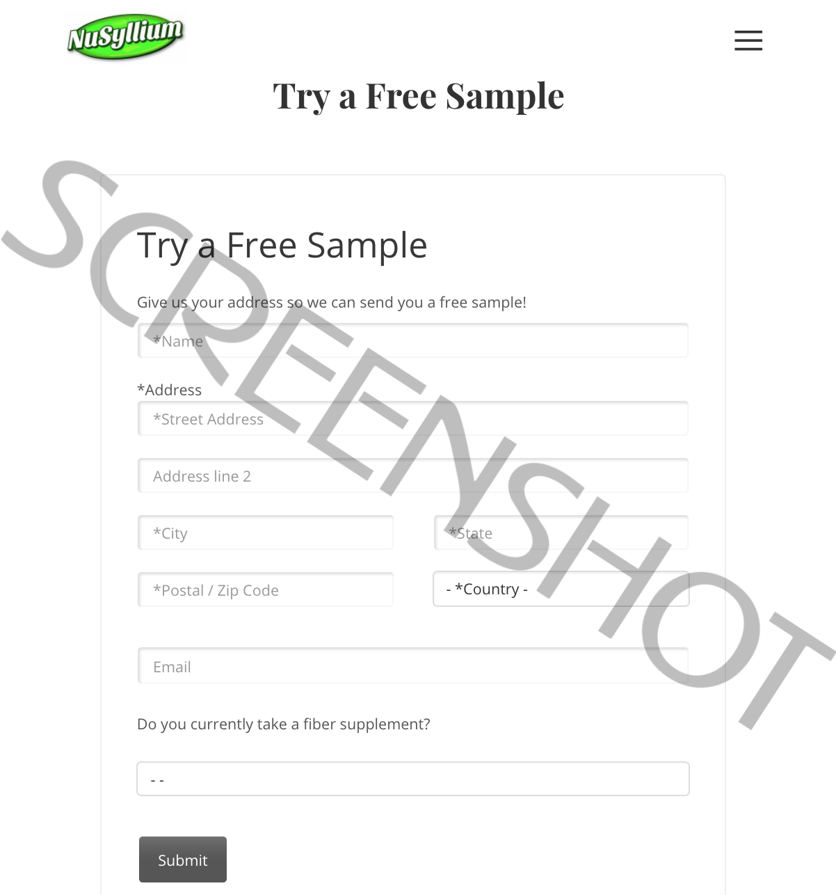 Screenshot of FREE Sample Request Form Page