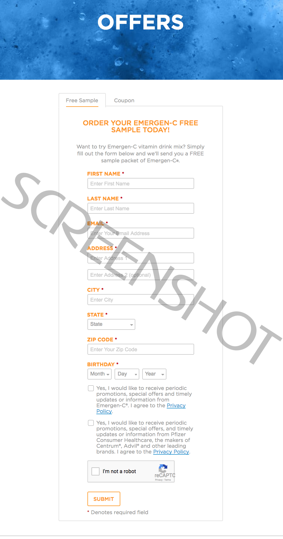 FREE Sample Offer Page Screenshot