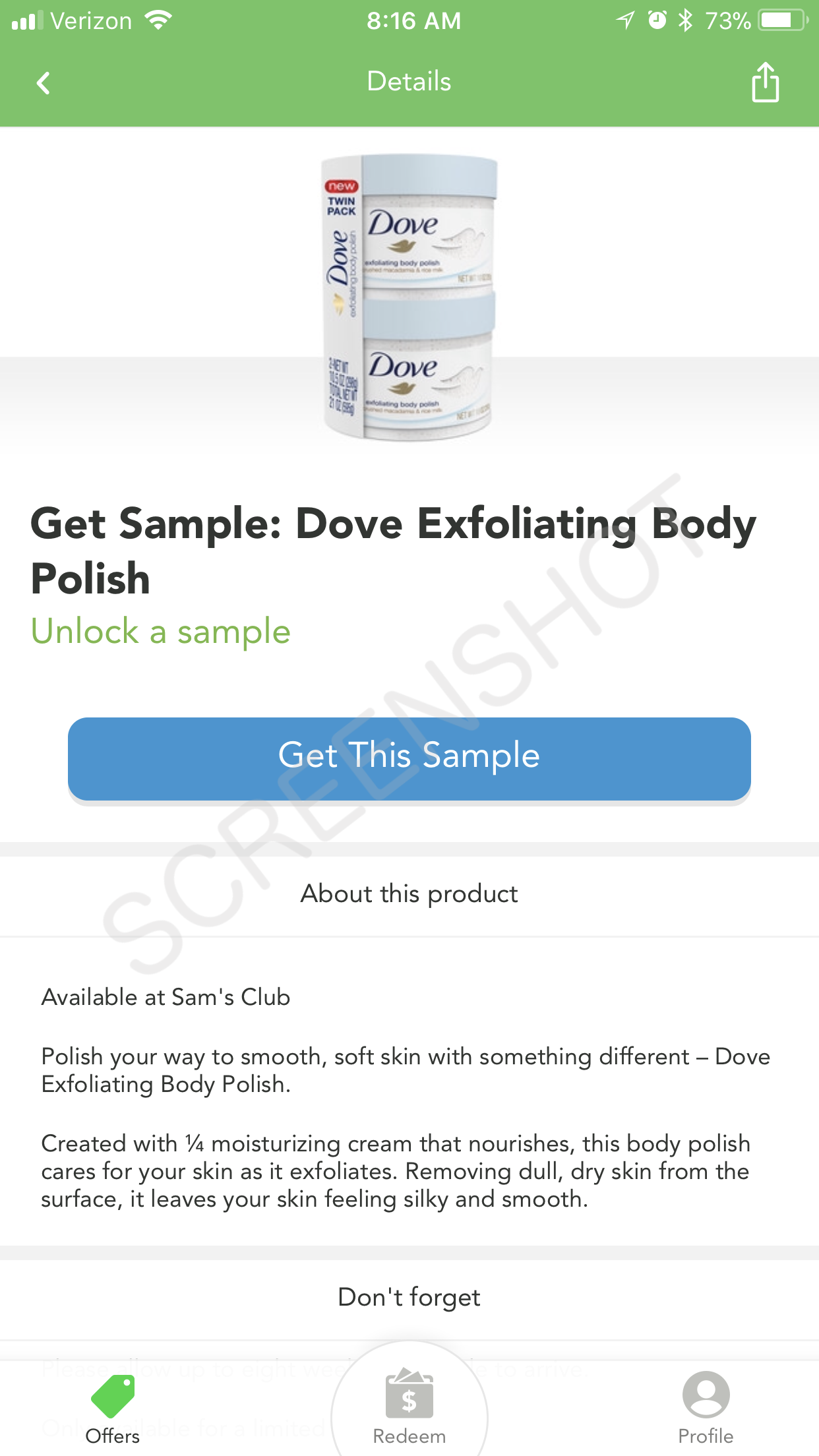 Screenshot of Free sample offer from Checkout51