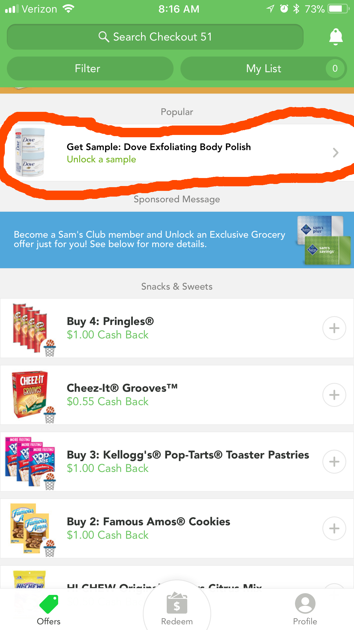 Screenshot of Free sample offer from Checkout51