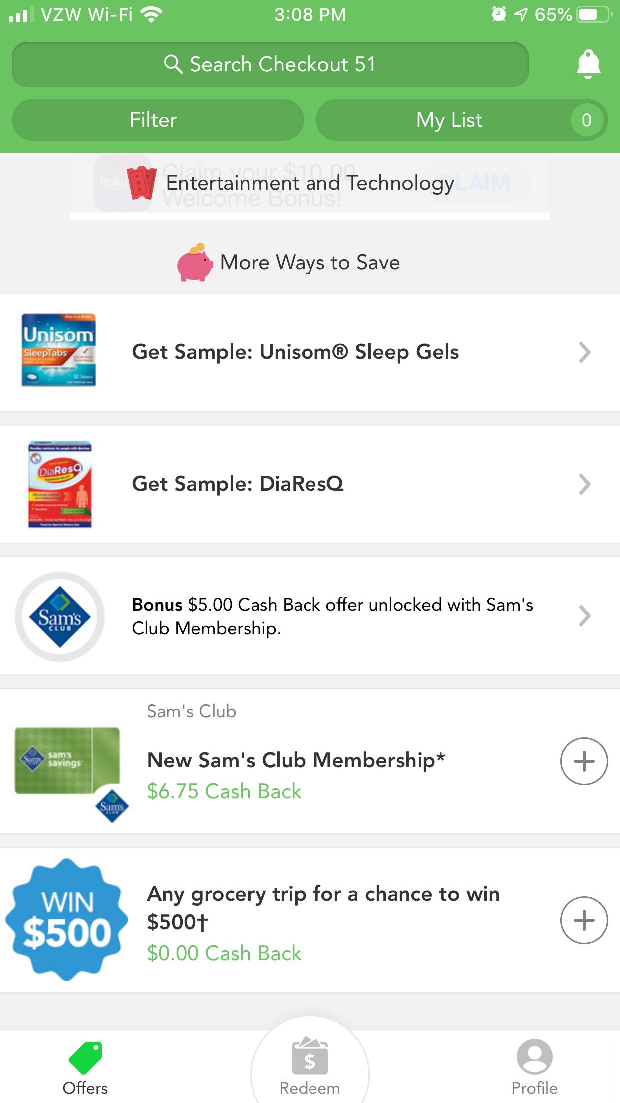 Screenshot of Free sample offers from Checkout51