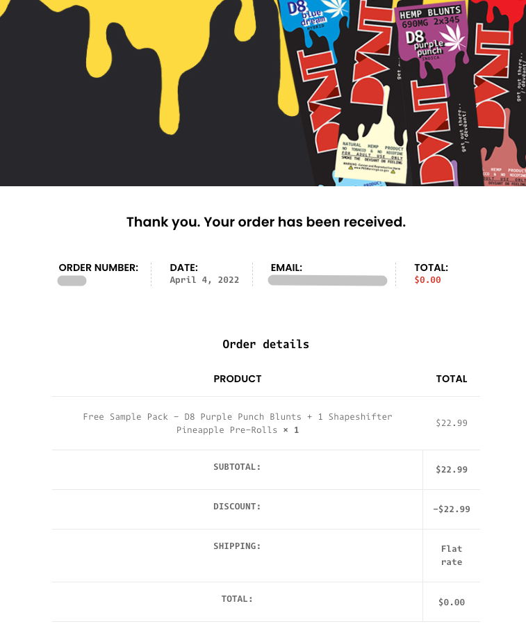 Free DVNT D8 Hemp Sample Pack Order Summary