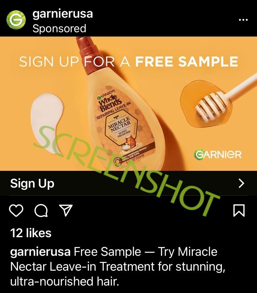 Sponsored ad for a FREE Garnier Miracle Nectar Leave-In Treatment Sample