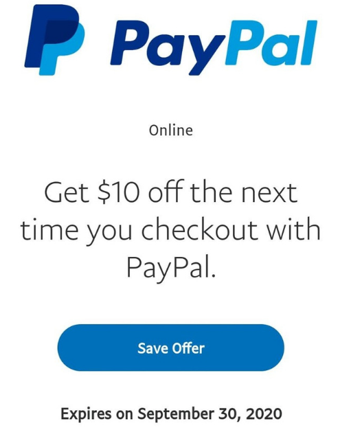 $10 off the next time your checkout with PayPal