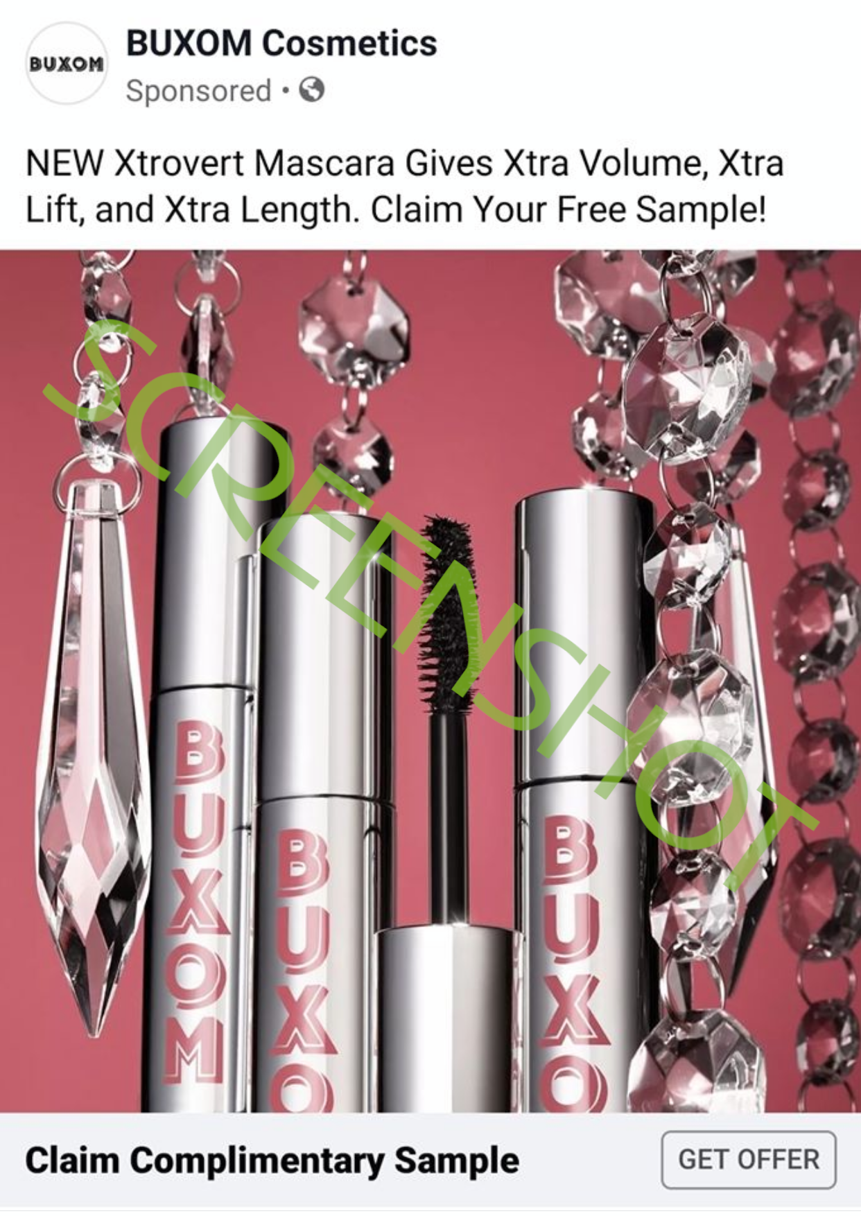 Screenshot of Sponsored Ad for Free BUXOM Xtrovert Mascara Sample