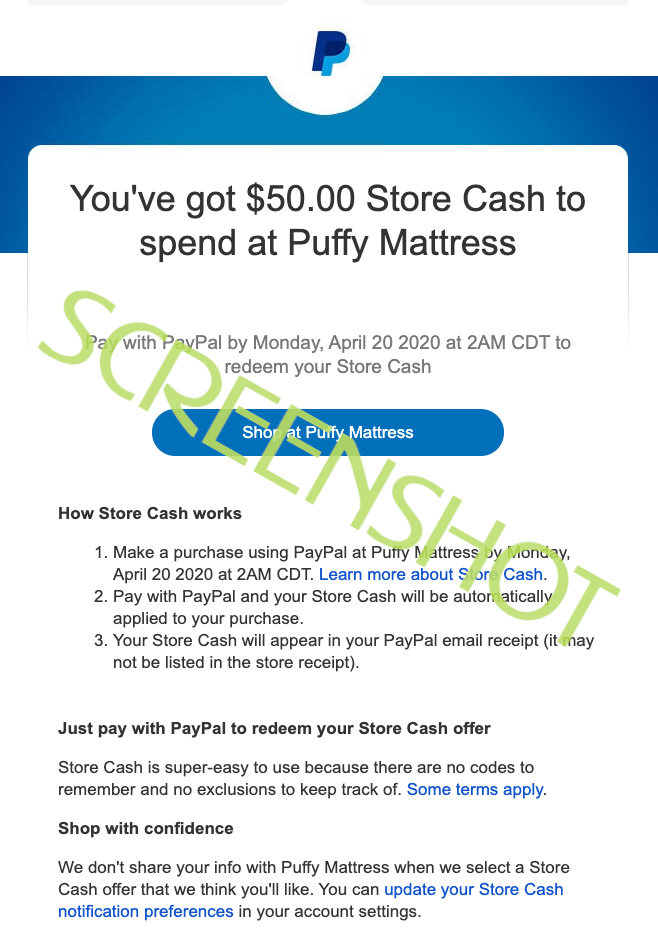 You've got $50.00 Store Cash to spend at Puffy Mattress Email from PayPal