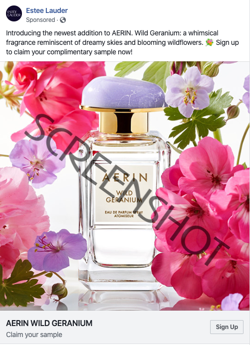 Screenshot of Sponsored Ad for a FREE Sample of AERIN Wild Geranium Eau de Parfum