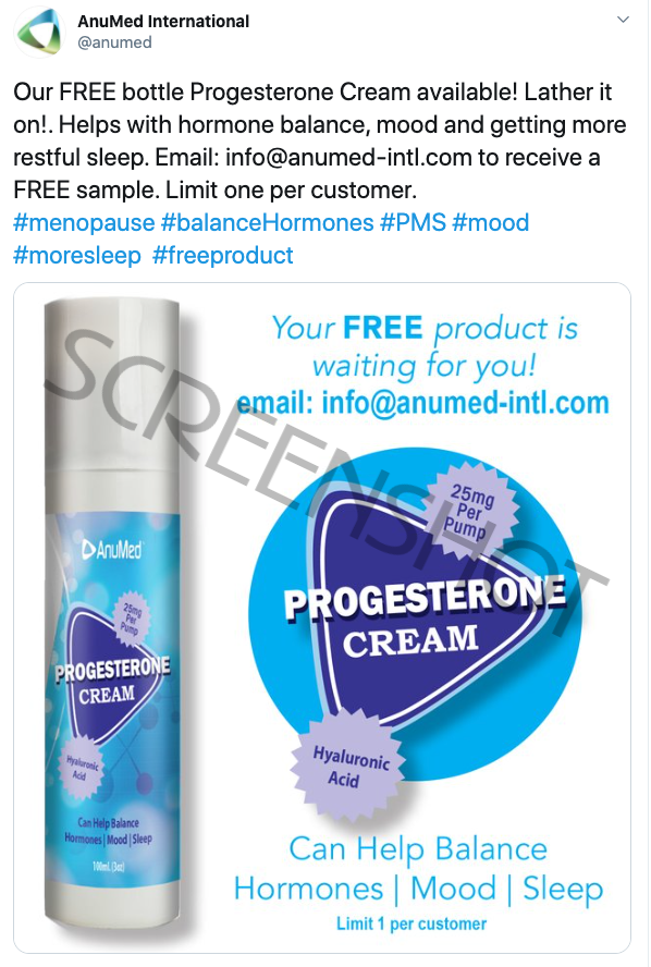 Screenshot of offer for FREE bottle of Progesterone Cream from AnuMed