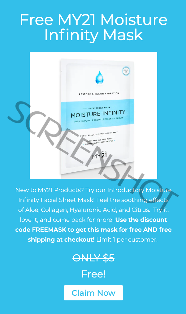 Screenshot of FREE MY21 Moisture Infinity Sheet Mask Promotion
