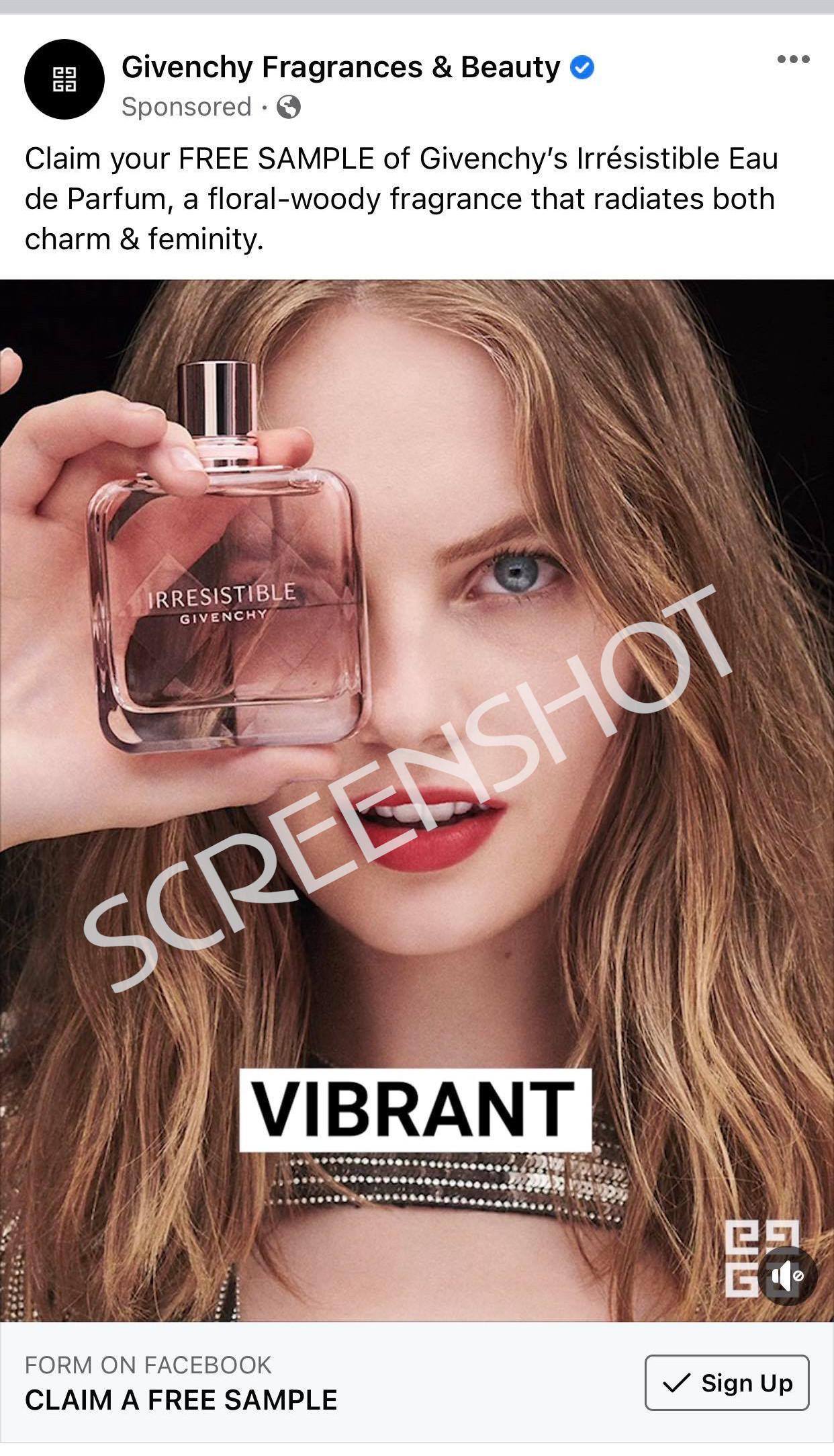 Screenshot of Givenchy's sponsored ad for free sample
