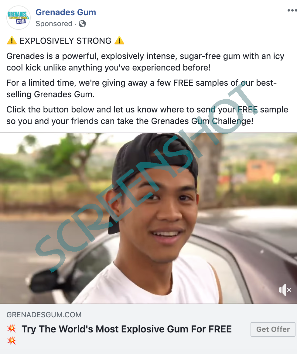 Screenshot of FREE Grenades Gum Sample offer on Facebook