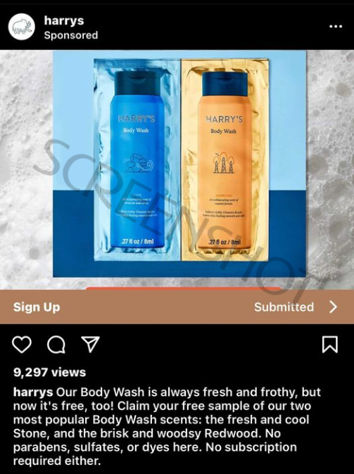 Screenshot of sponsored ad to claim free sample