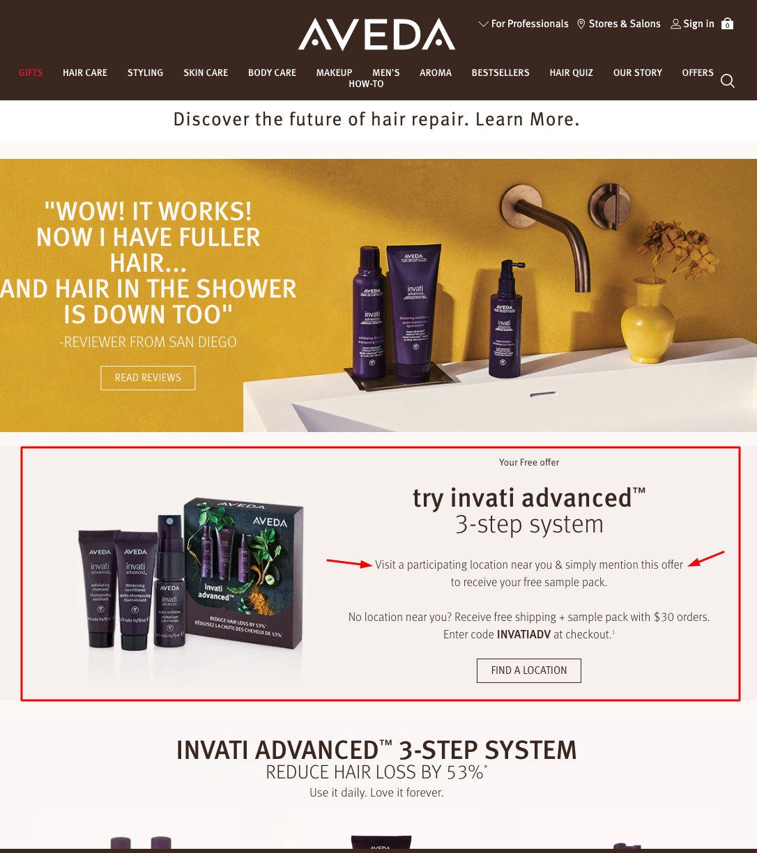 Screenshot of FREE Invati Advanced Haircare Sample Pack offer