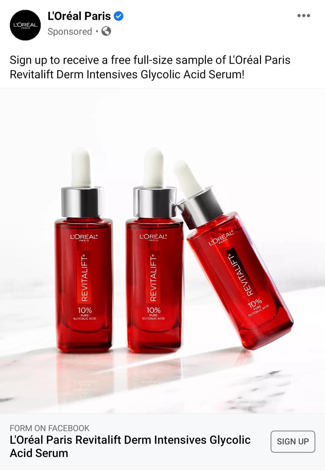 Screenshot of Sponsored ad on Facebook for a FREE full-size sample of Revitalift Derm Intensives Glycolic Acid Serum