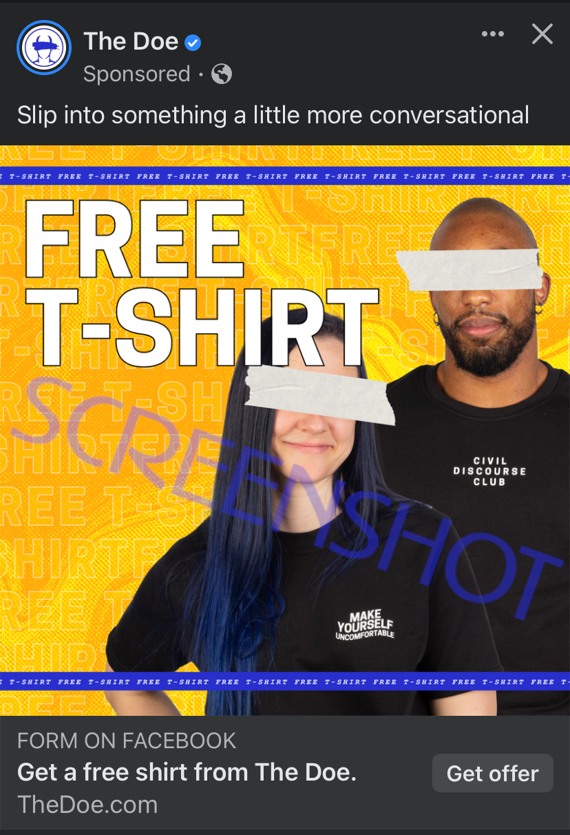 screenshot-of-the-doe-free-tshirt-sponsored-ad