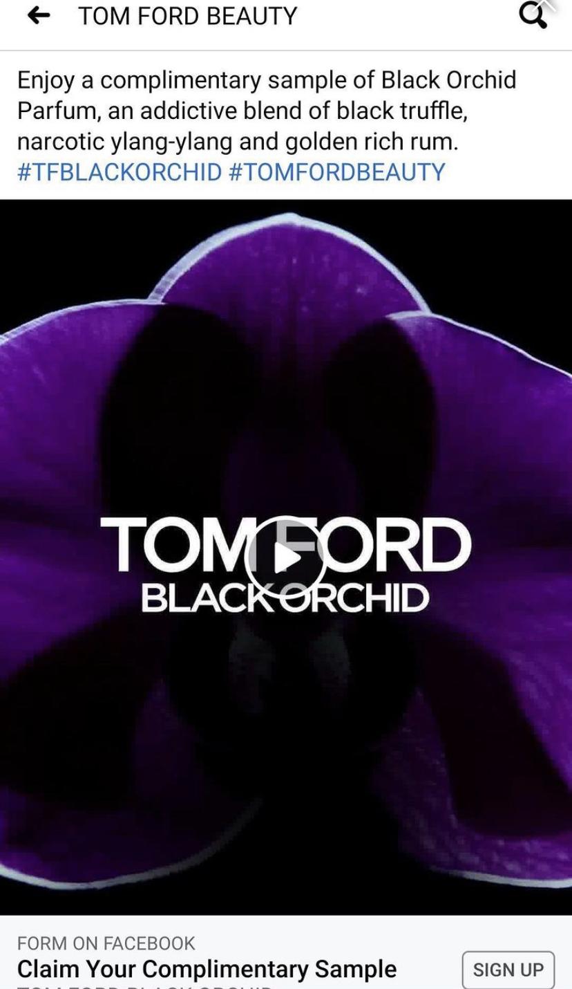 Screenshot of Facebook ad for FREE Tom Ford Beauty Black Orchid Eau de Parfum Sample