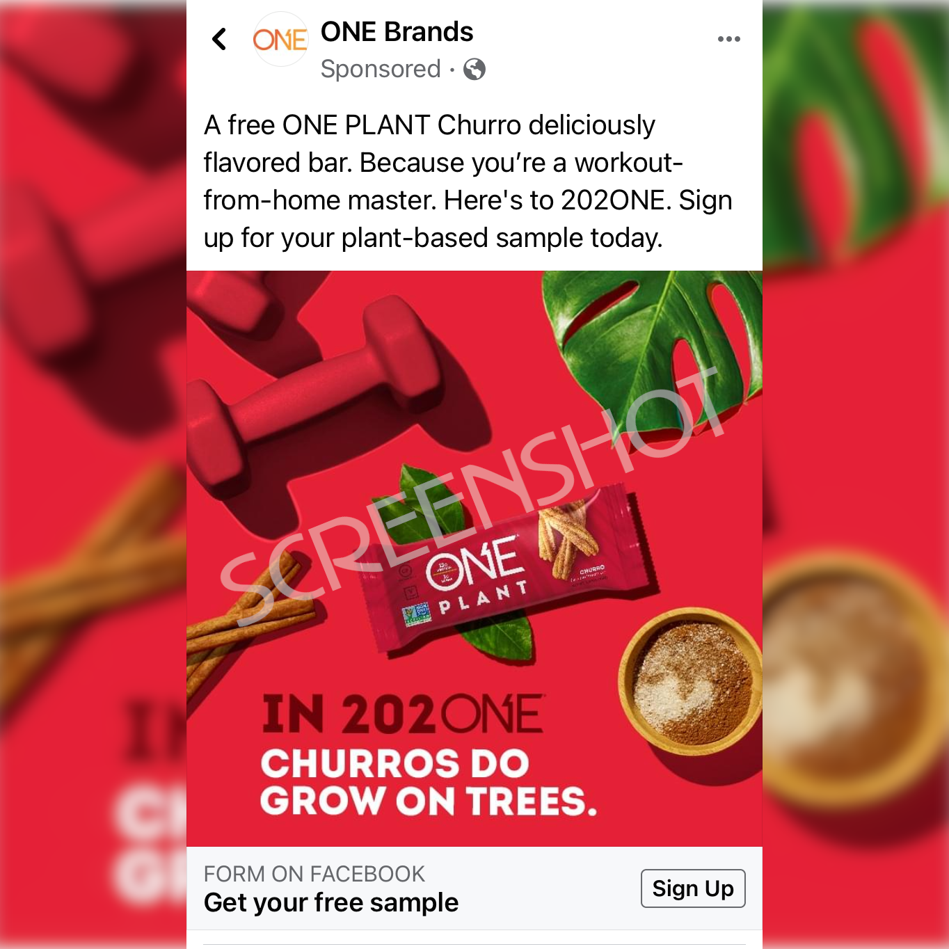 Possible Free ONE PLANT Churro Flavored Bar Sample on Facebook