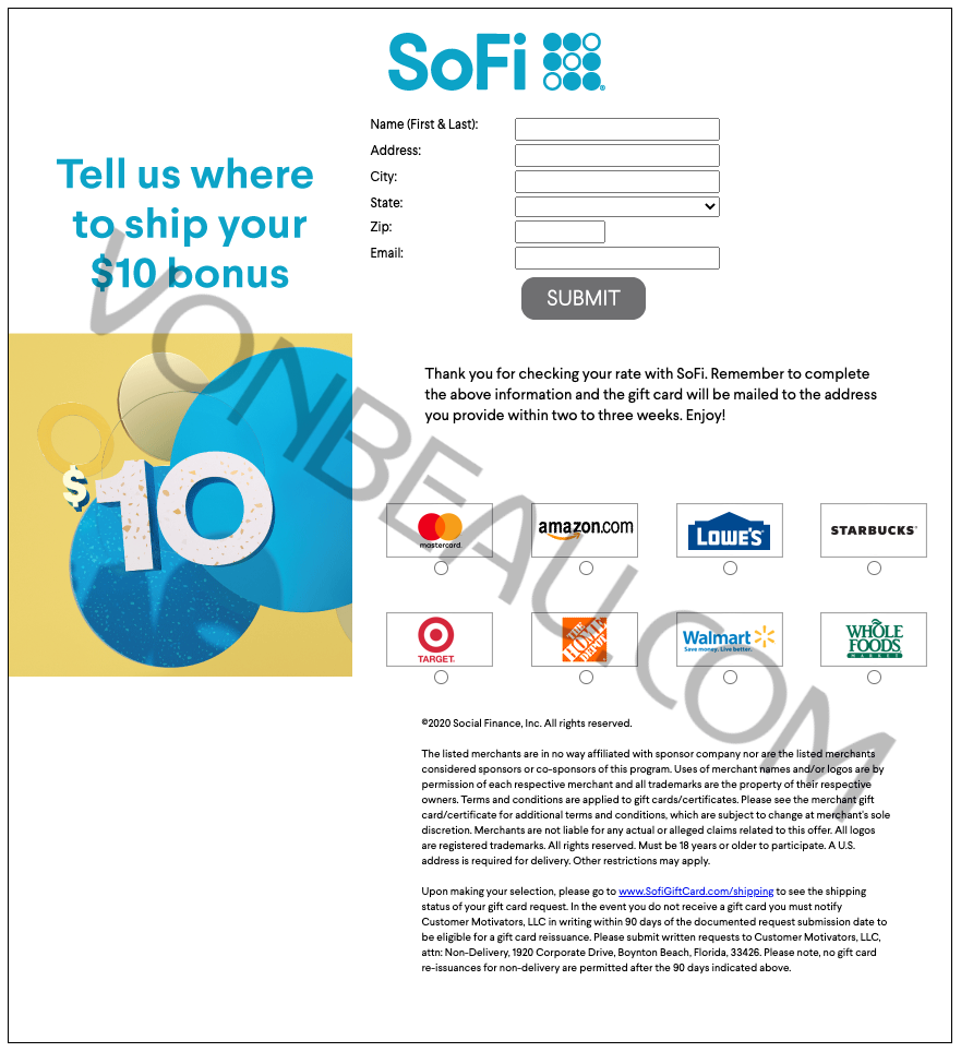 FREE $10 Gift Card From SoFi When You Check Your Rate for Loans
