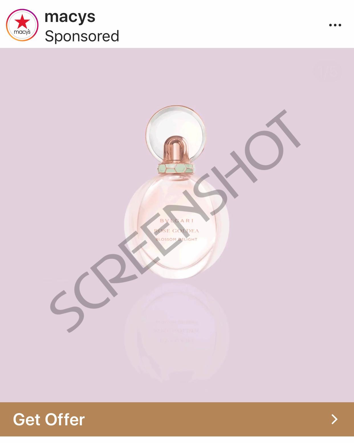 Screenshot of Sponsored ad for FREE Deluxe Fragrance Samples from Macy's